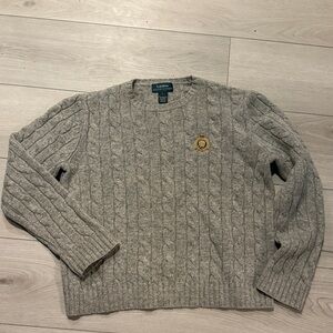 Lauren Ralph Lauren Heather Gray Cable-Knit Crewneck Sweater with Crest